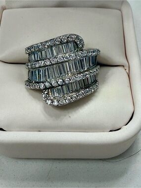 Baguette & Round CZ Waterfall Cocktail Ring, Sterling Silver 925, Sz 5.5